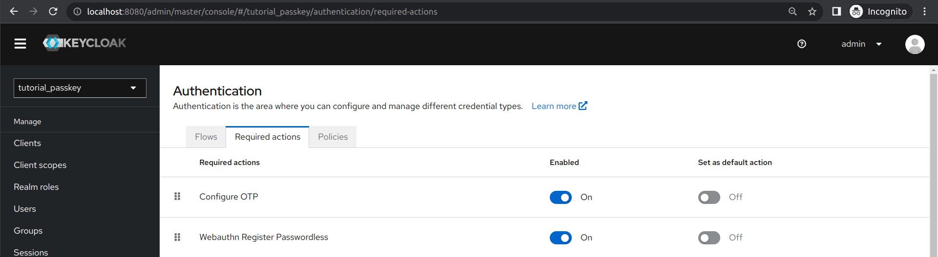 Keycloak Required Action Settings
