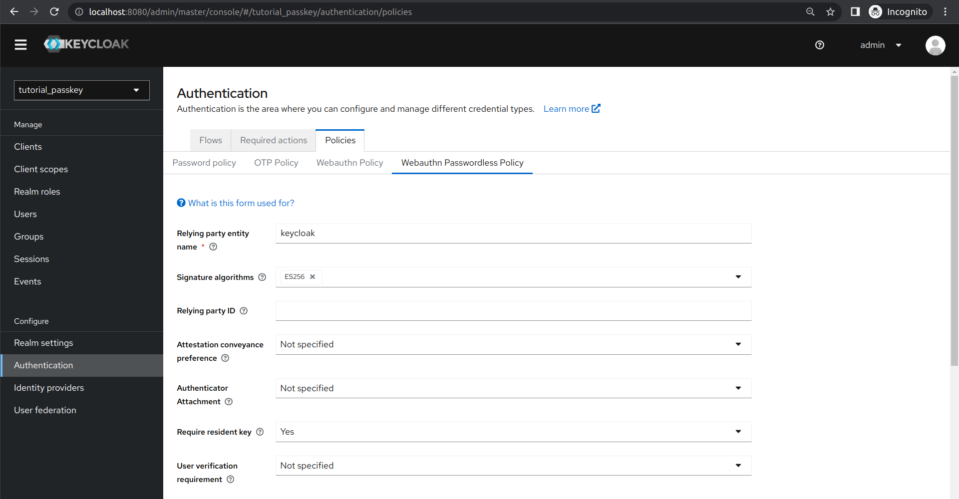 Keycloak Webauthn Policy Settings